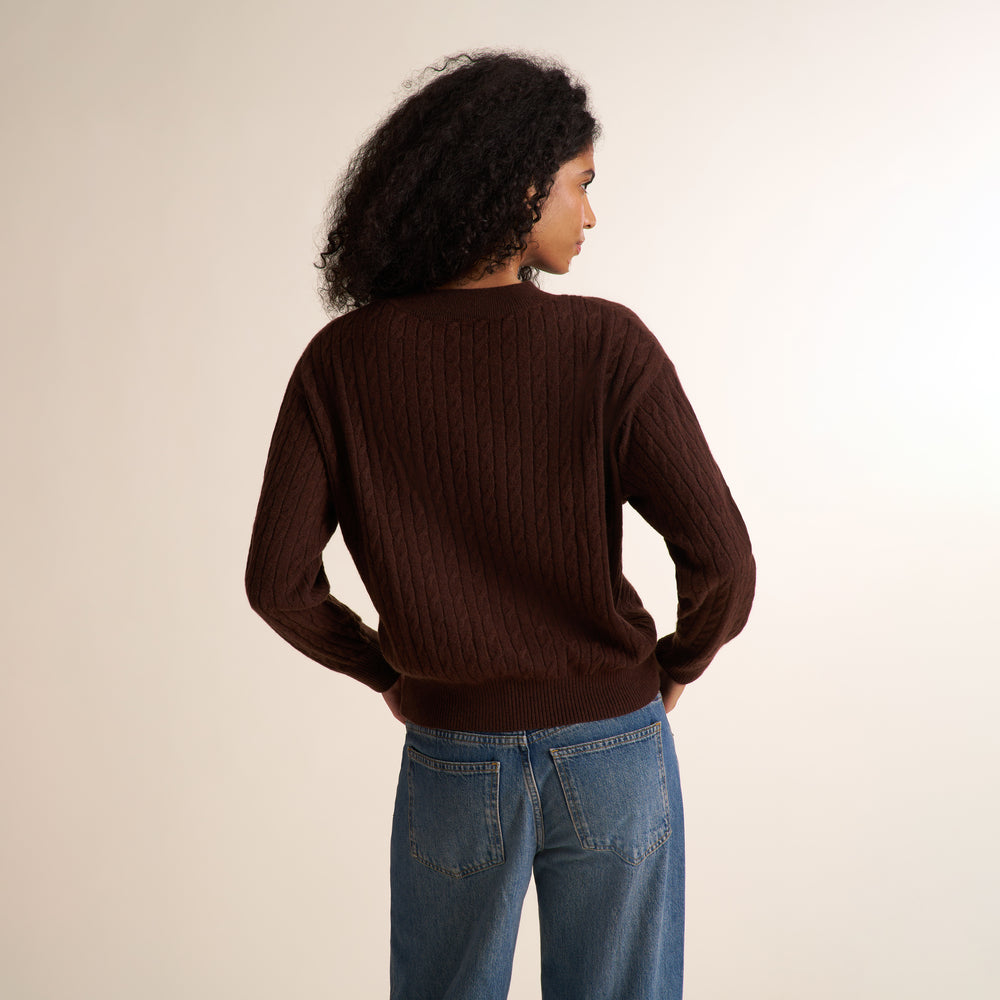 A woman shown from the back wearing a dark brown cable-knit sweater and blue jeans against a plain beige studio background.