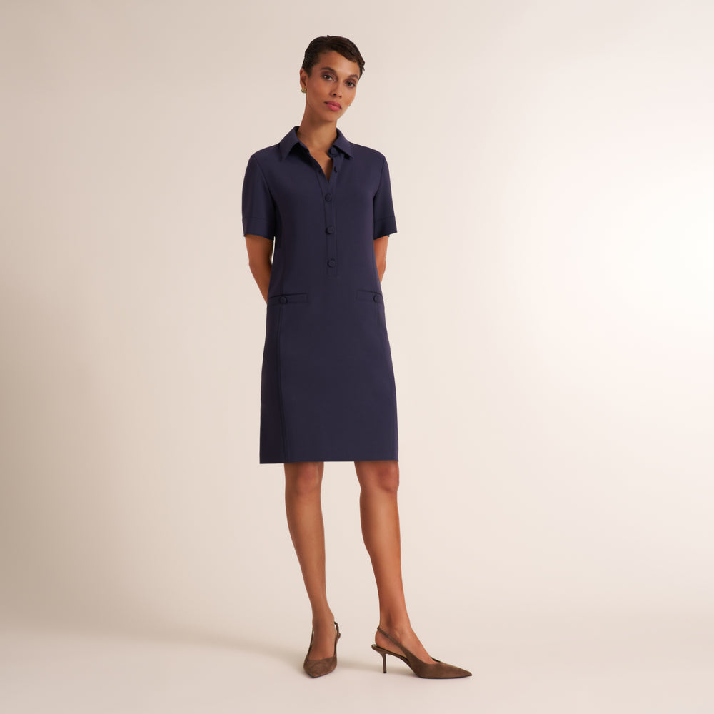 Woman wearing a collared short sleeve shift dress with covered buttons and pockets