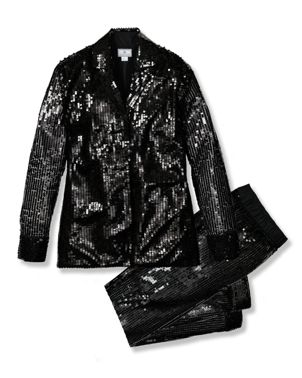 Black sequin jacket and pants set on a white background