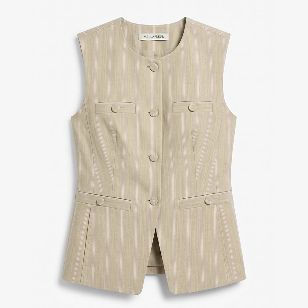 Beige pinstripe vest on a light gray background