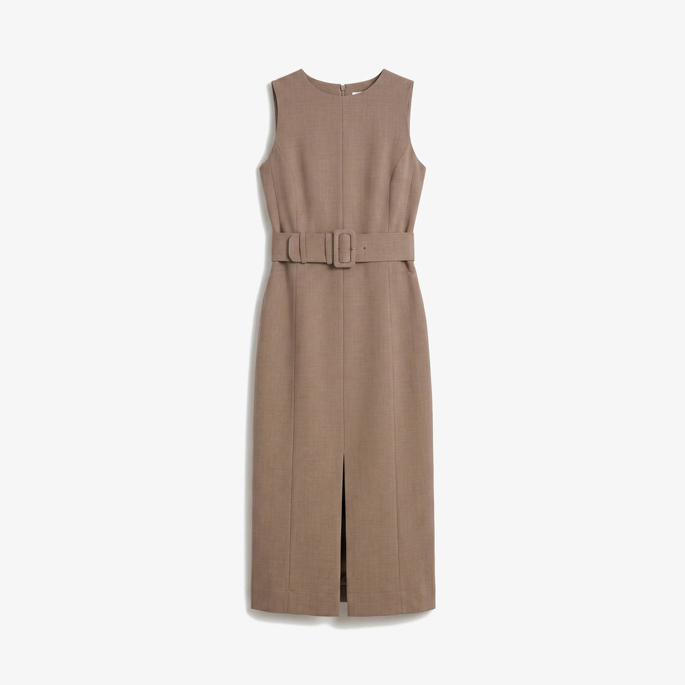 A sleeveless midi dress in a warm taupe-brown color, featuring a matching fabric belt with a double buckle detail at the waist and a front slit, shown against a plain light background.