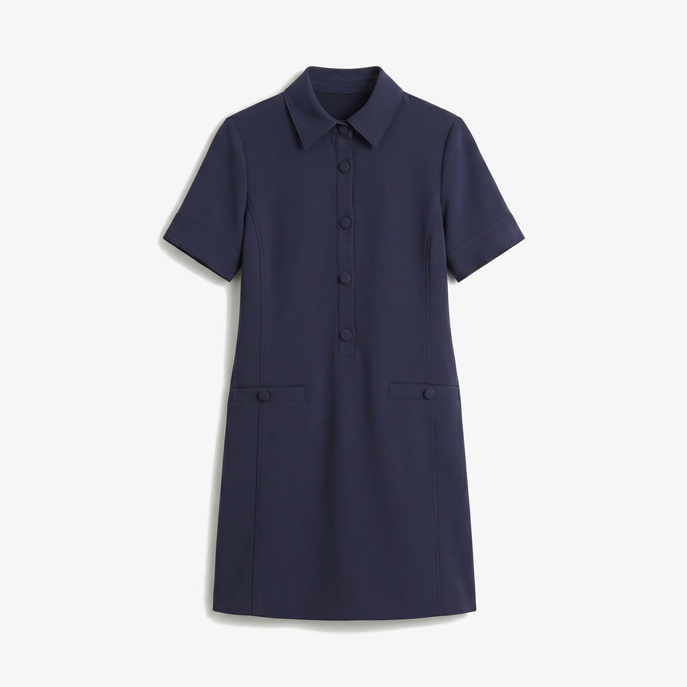 Packshot image of a collared short sleeve shift dress with covered buttons and pockets