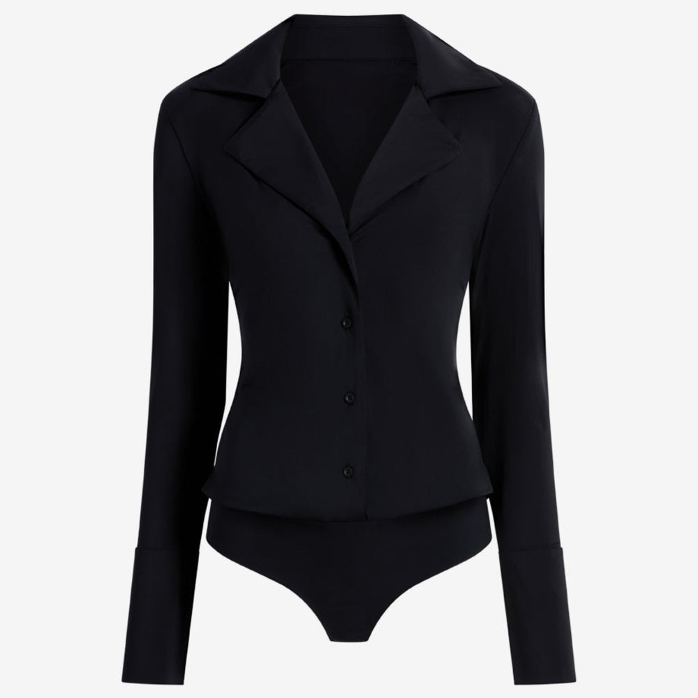 Black bodysuit with long sleeves on a white background