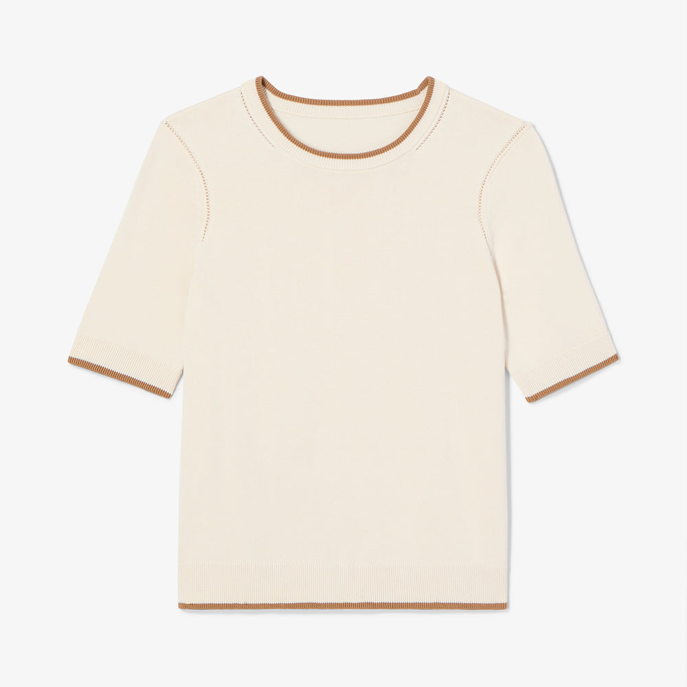 Beige t-shirt with brown trim on a white background