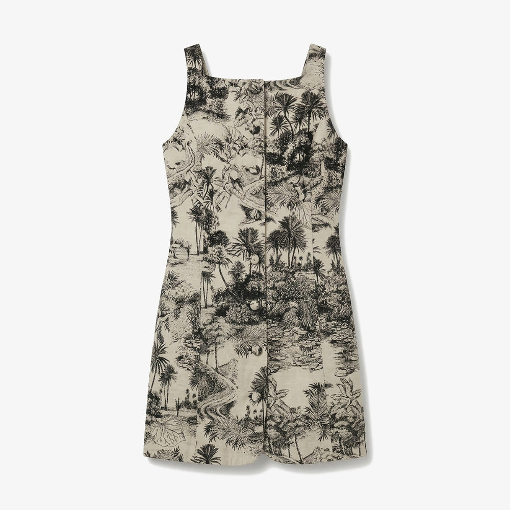 Sleeveless dress with black and white pattern on a white background