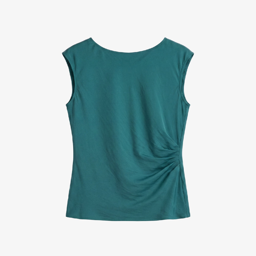 A sleeveless teal green top with a draped, gathered side detail, shown flat against a light gray background.