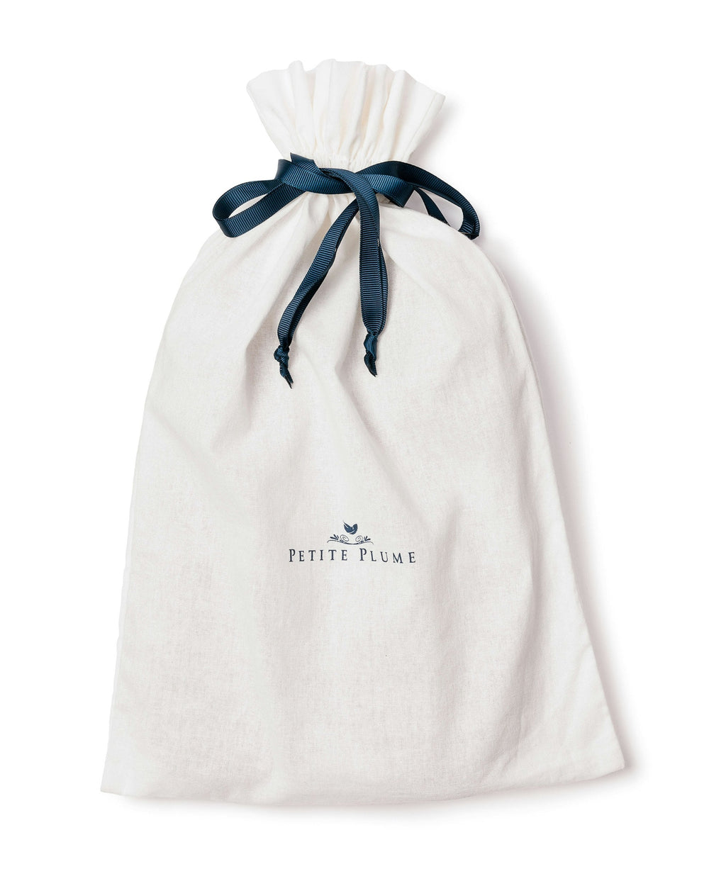 White drawstring bag with a blue ribbon and 'Petite Plume' branding on a white background