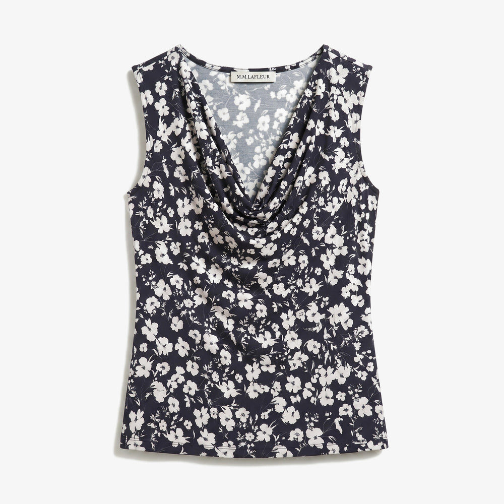 Packshot of a v neck tank top in black and white floral print