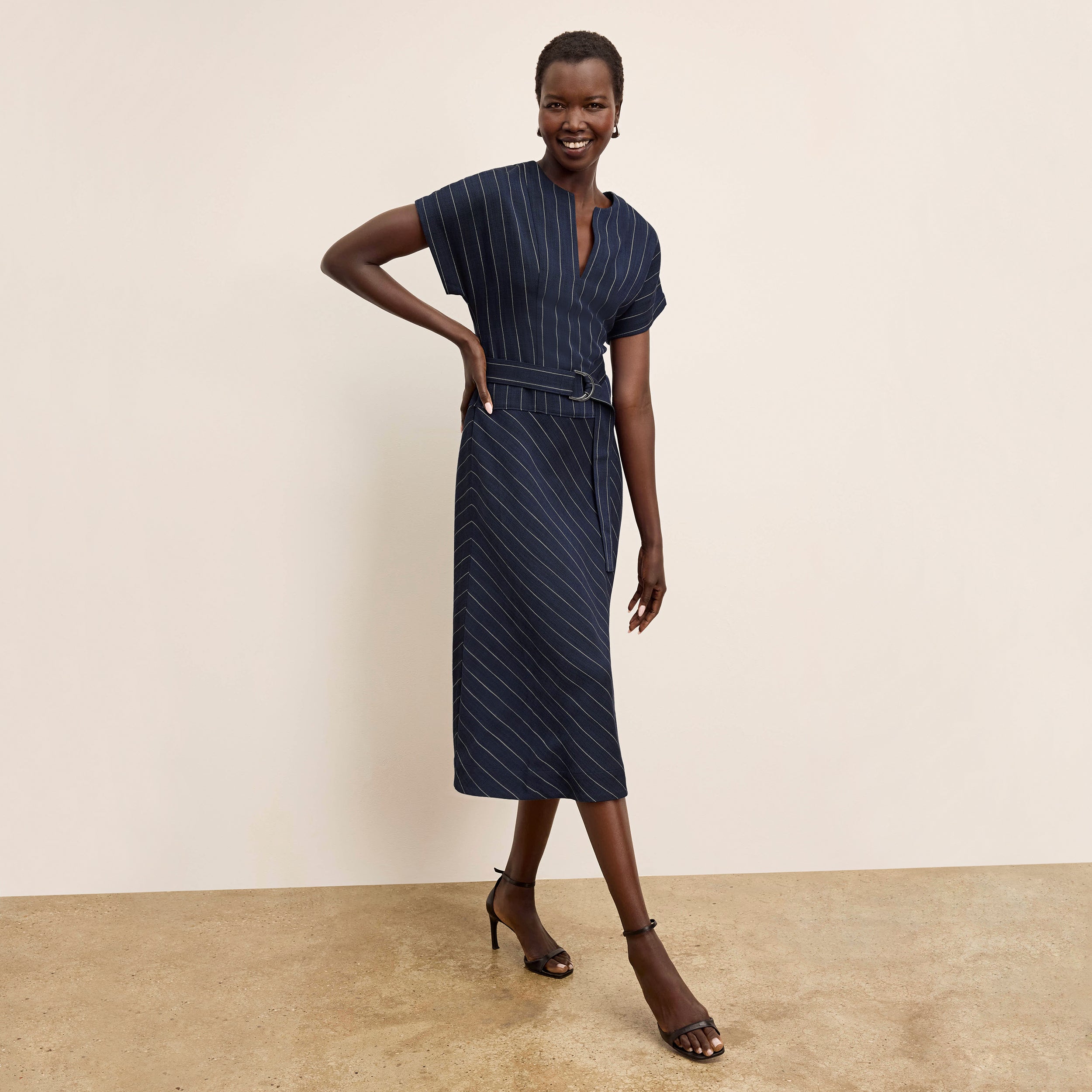 Cereah Belt Dress - Woven Pinstripe :: Navy/Ivory – M.M.LaFleur