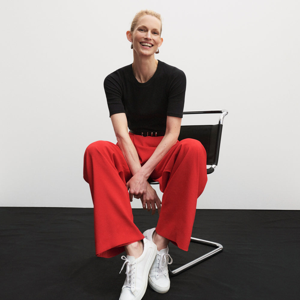 front image of a woman wearing the conway pants in maraschino