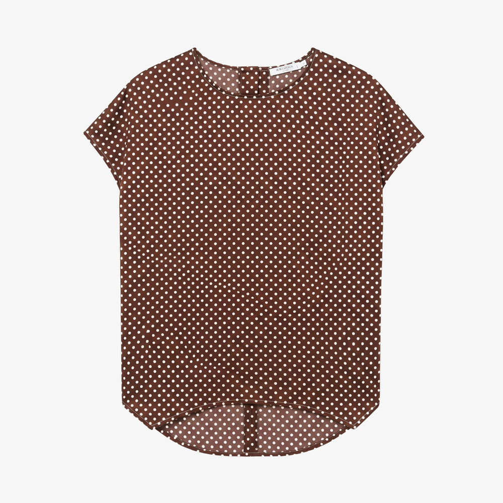 Packshot of a cap sleep top in a brown and white dot print