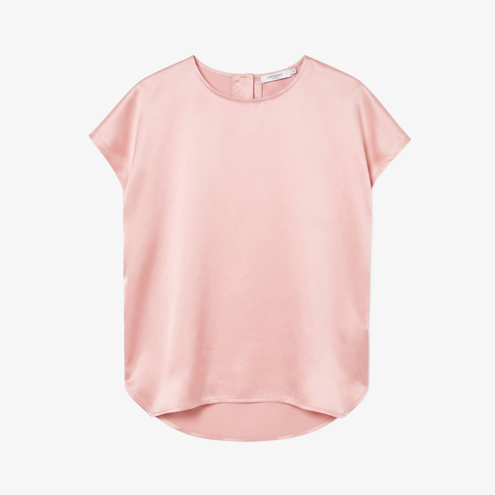 Packshot of a crew neck loose cap sleeve light pink shirt