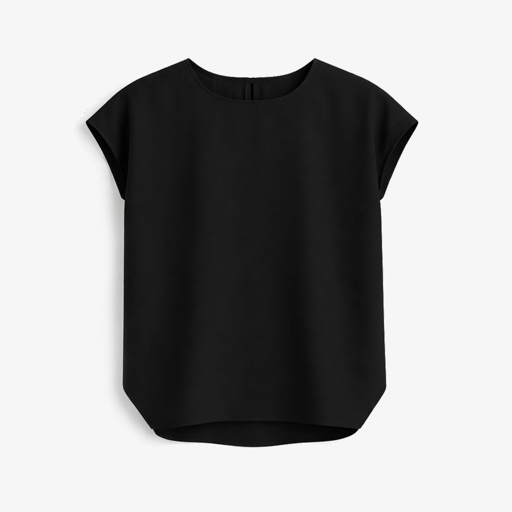 Black sleeveless top on a light gray background