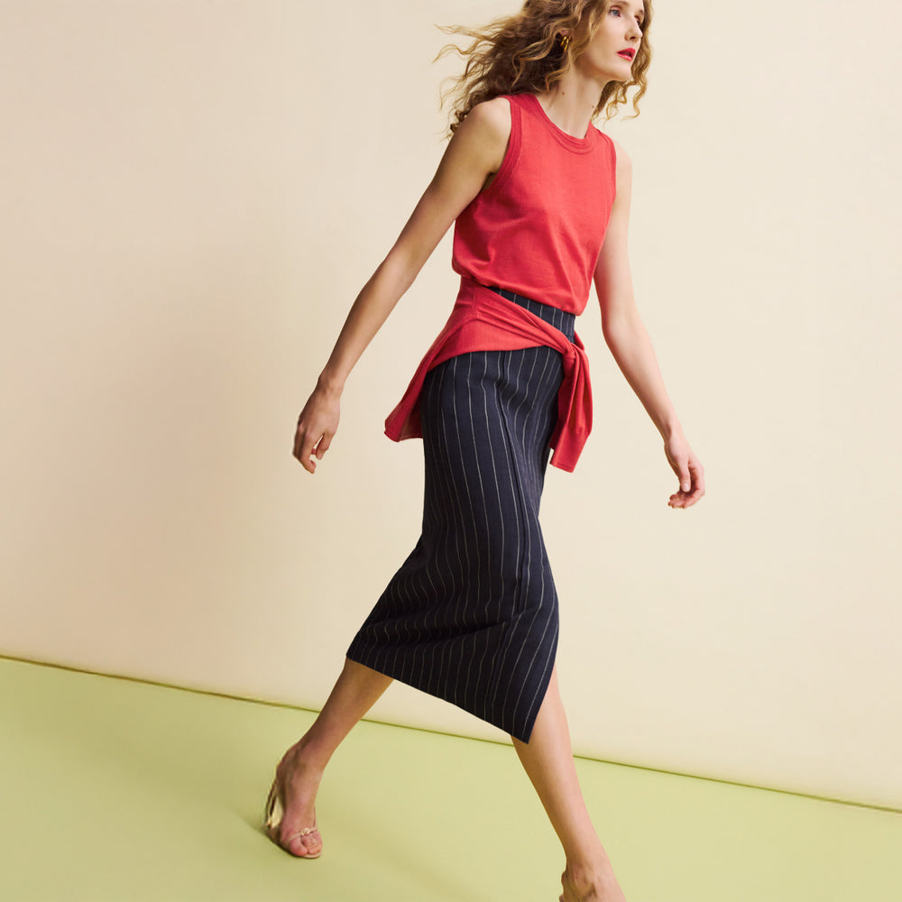 Meghan Midi Skirt - Woven Pinstripe :: Navy/Ivory