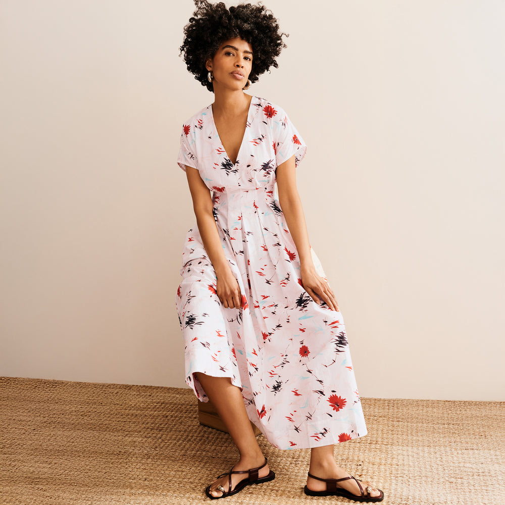 Front image of a woman wearing the Jelina Dress in Brushed Floral