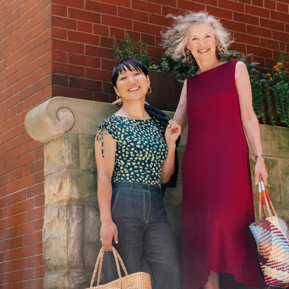 Two women standing outdoors one of them wearing Milano Drape Dress - Ribbed Pima Modal :: Dark Fuschia