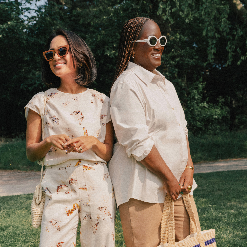 Two women standing outdoors one of them wearing Bentley Al Fresco Shirt - Cotton Poplin :: Eggshell
Success