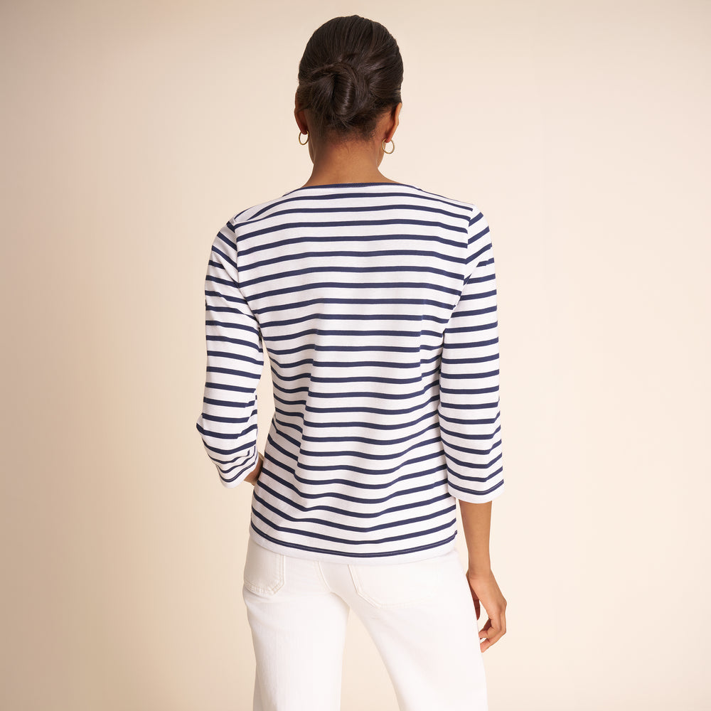 image of a woman wearing saint james striped tee