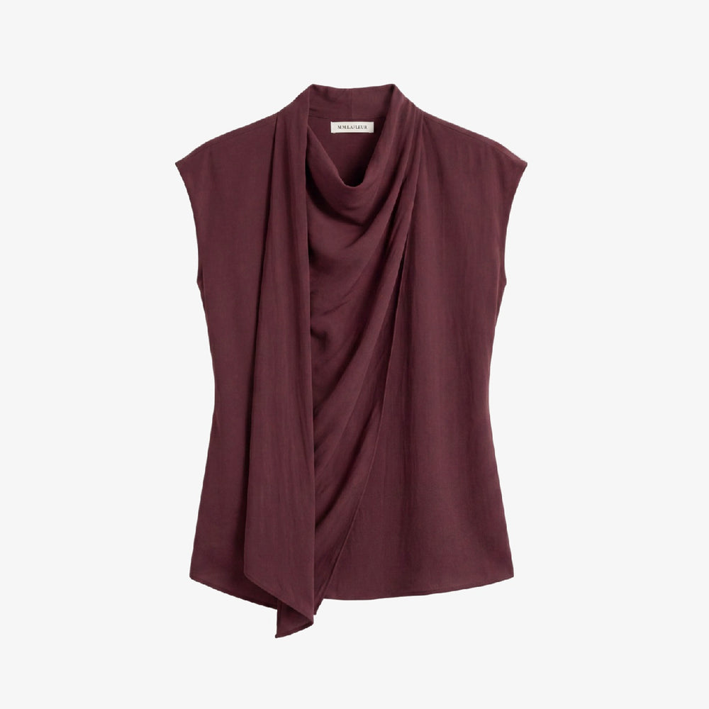 A sleeveless, high-neck, dark burgundy top.