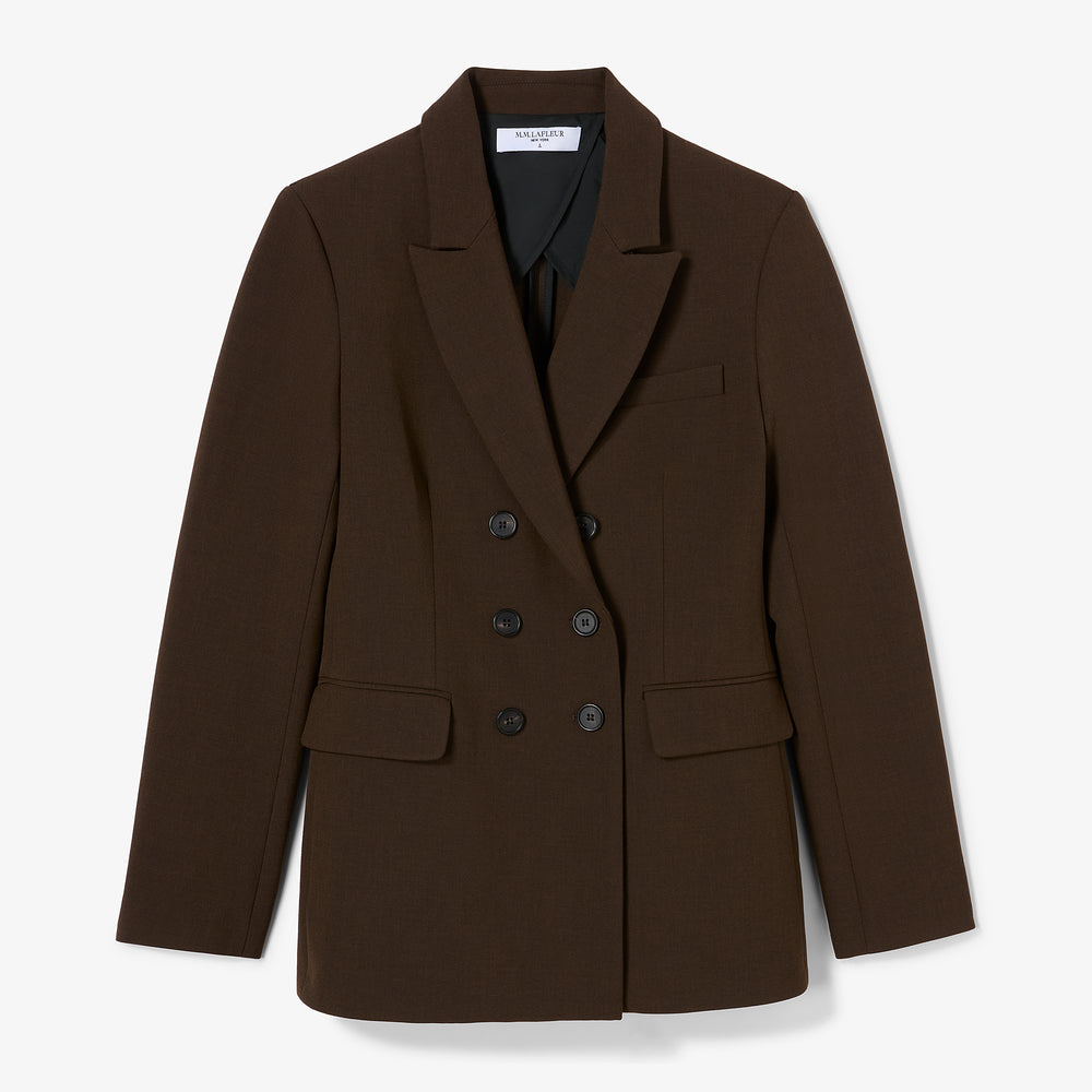 Brown blazer with black buttons on a light gray background
