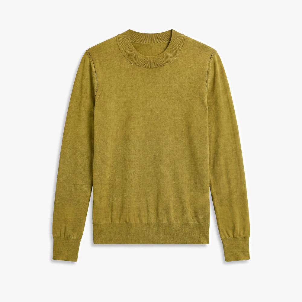 Green olive long sleeve sweater with ribbed detailing on the neck, hem, and sleeves