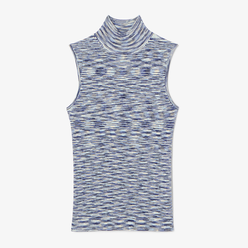 Blue and white patterned sleeveless turtleneck top on a white background