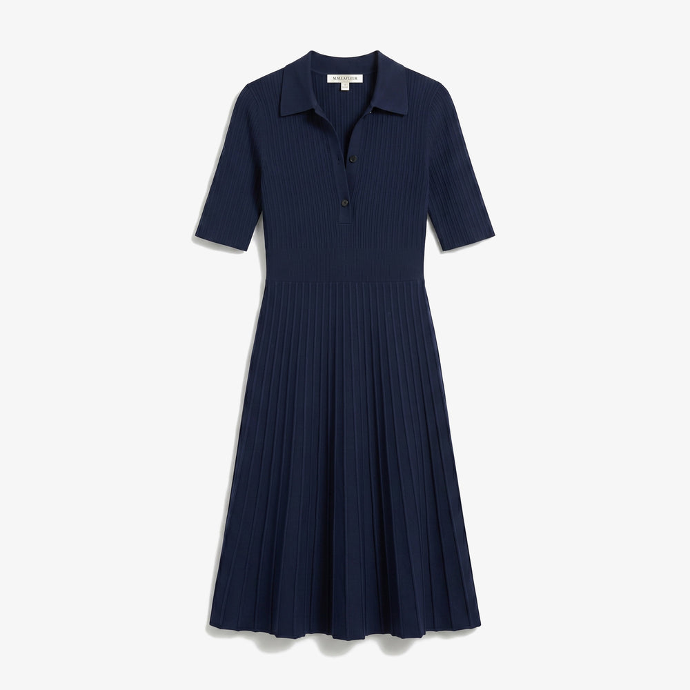 Packshot of a mid sleeve polo dress with a pleated midi skirt