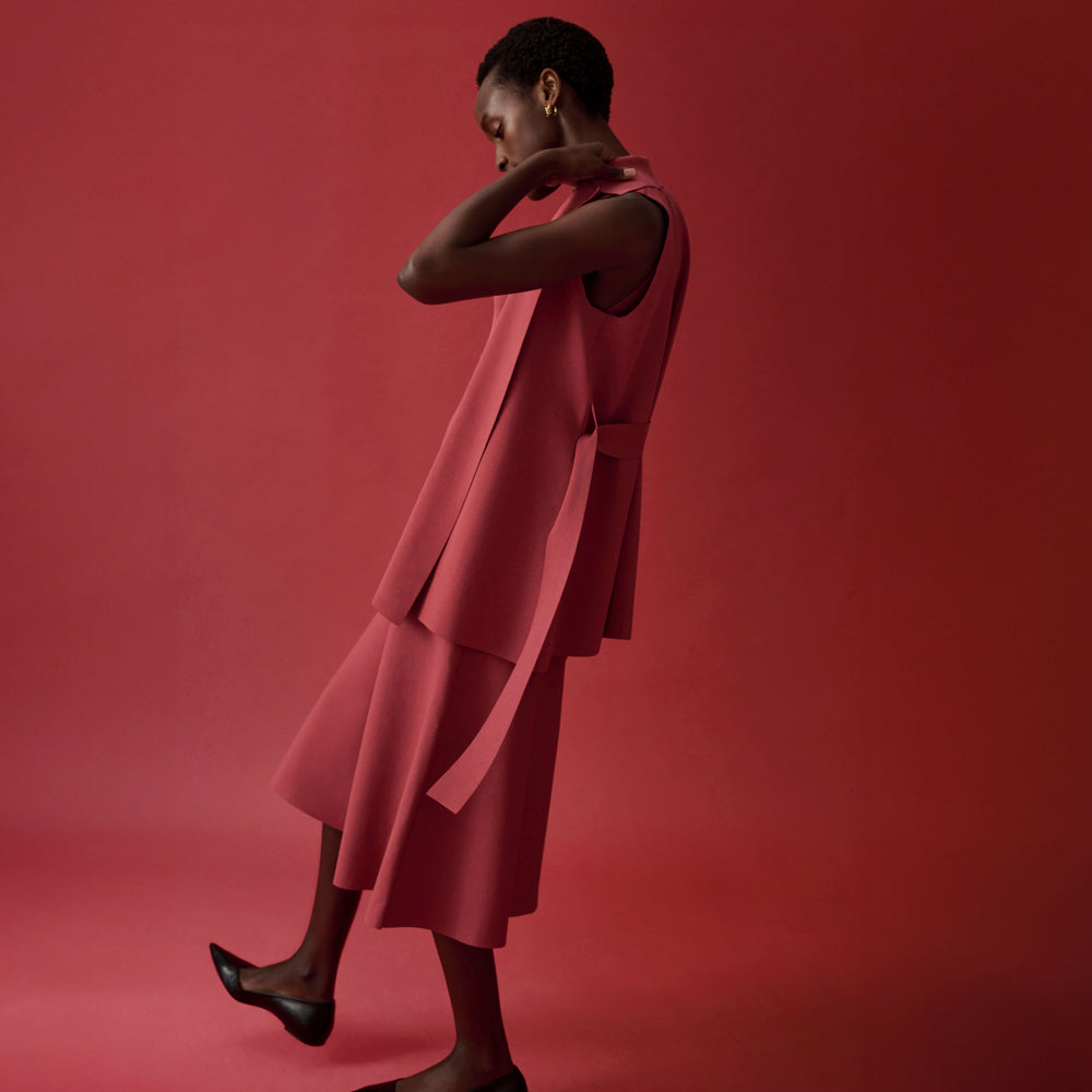 front image of a woman wearing the lottie dress in carnation