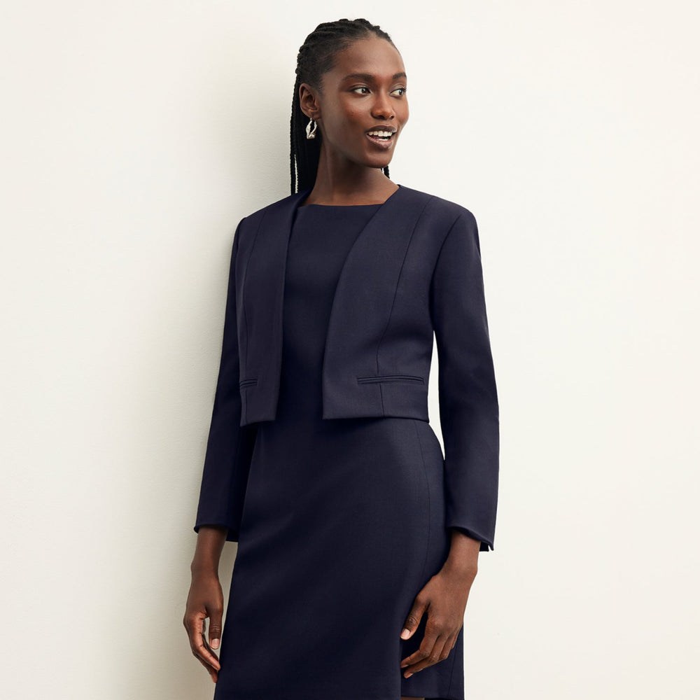 Front image of a woman wearing the Neale blazer in Galaxy Blue