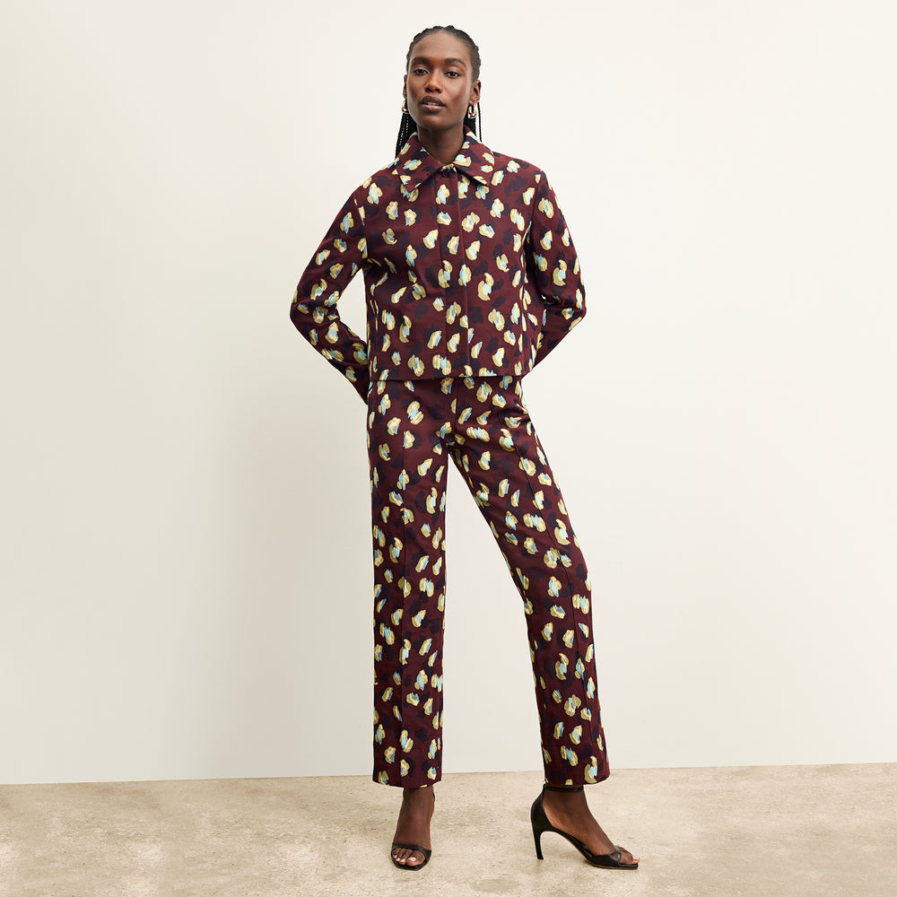 front image of a woman wearing the smith pant in bengal jacquard