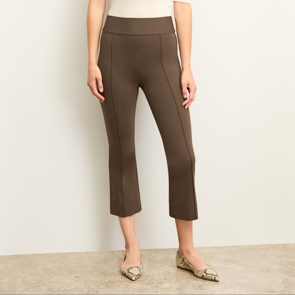 Front image of a woman wearing the allyn pants in ash