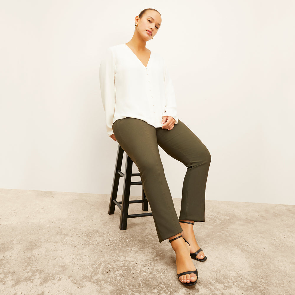 front image of woman wearing foster pant in dark olive