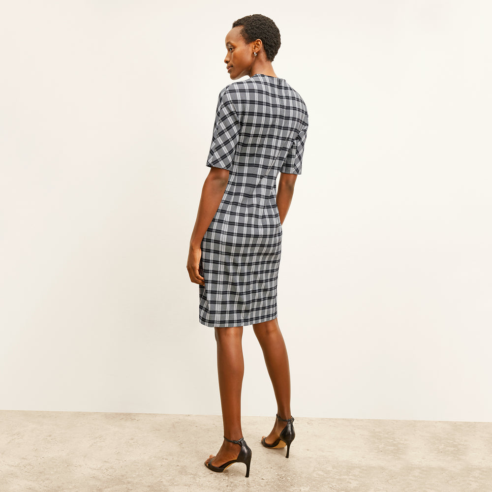 back image of a woman wearing the farnoosh dress in checkmate