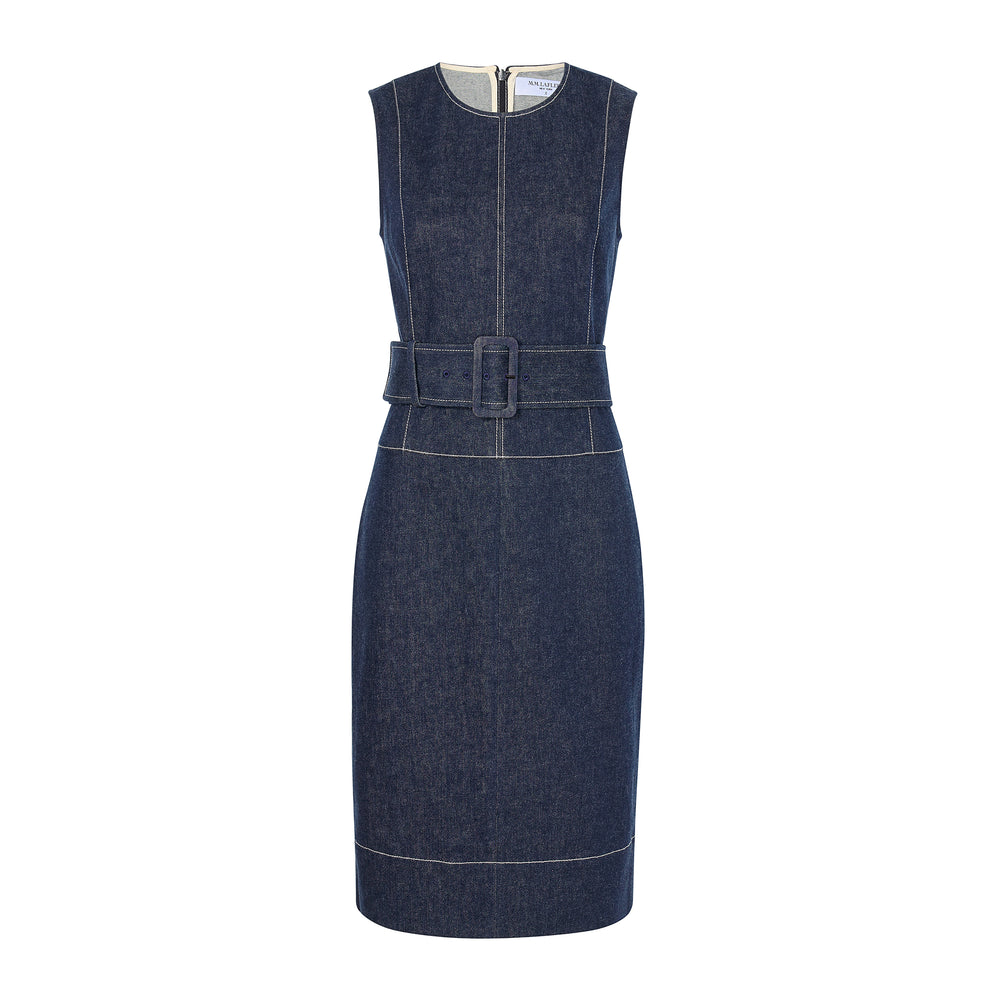 packshot image of the maude dress in dark wash