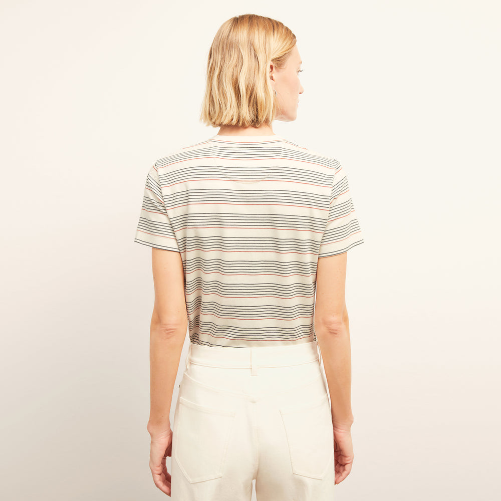 back image of a woman wearing the leslie t-shirt in signature stripe
