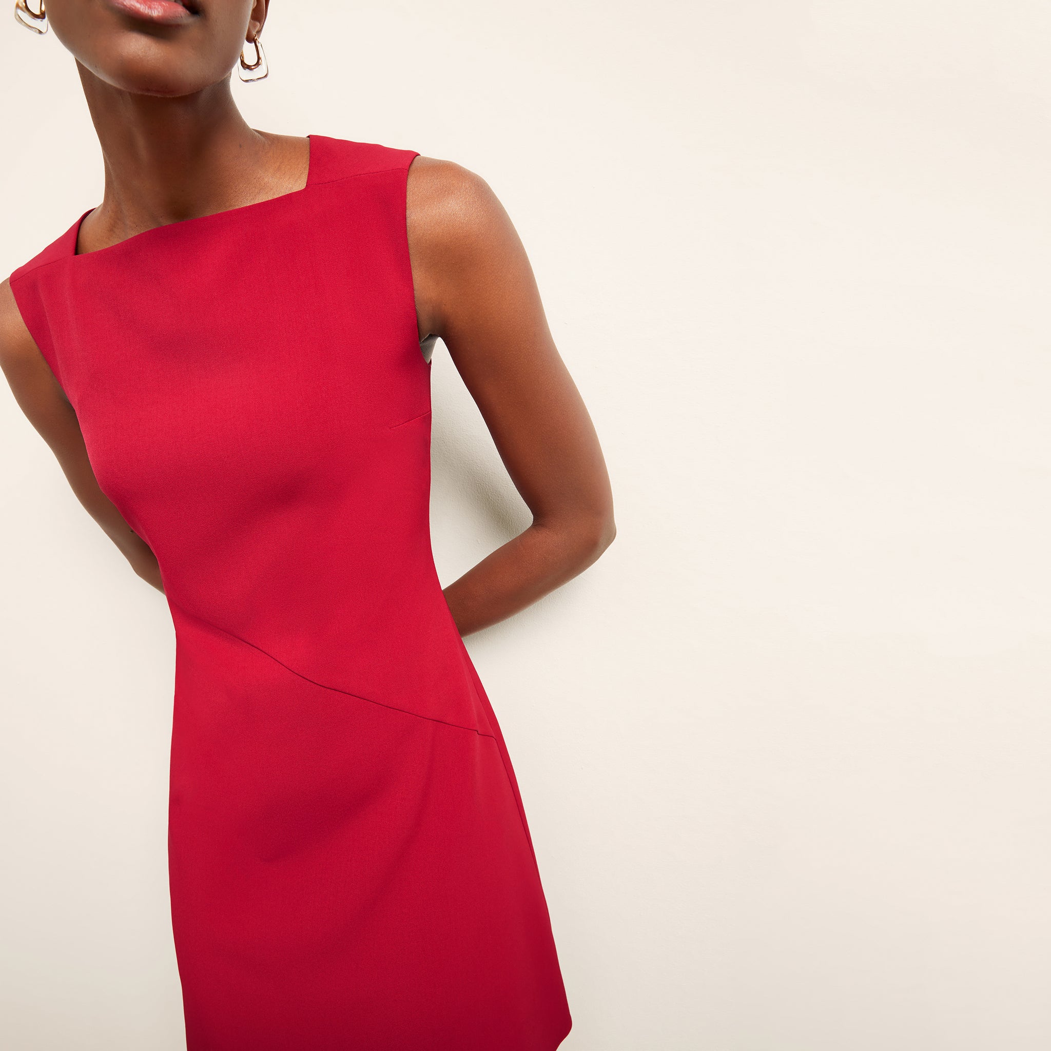 front image of a woman wearing the pauline dress in rhubarb