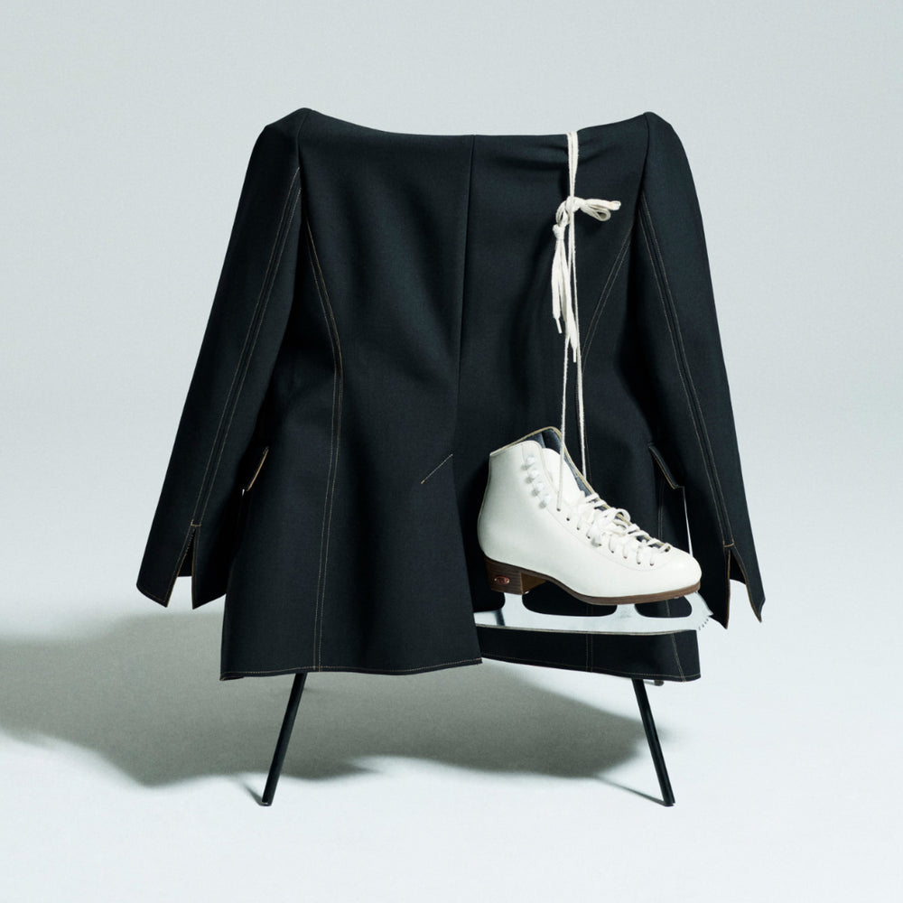 Image of the Harley Jacket on a chair with ice skates