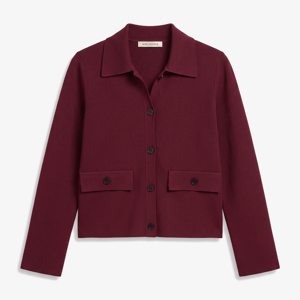 A dark burgundy button-up cardigan jacket with a collar, long sleeves, and two front flap pockets, shown flat on a light gray background.