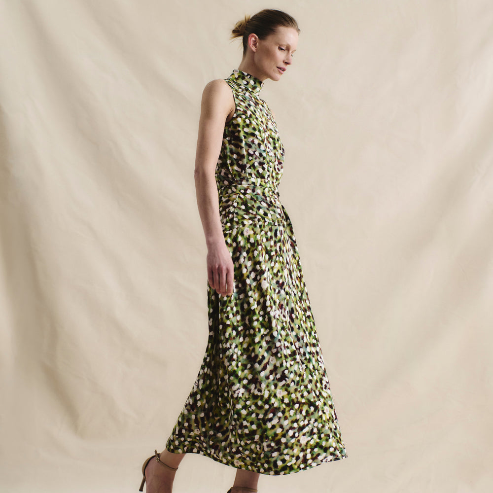 front image of a woman wearing the martina dress in spotlight print