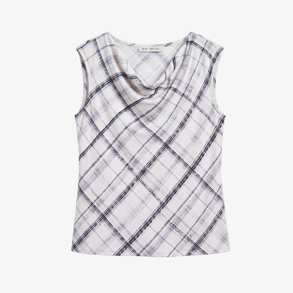 Packshot image of a short sleeve white and gray plaid silk shirt with a cowl neckline