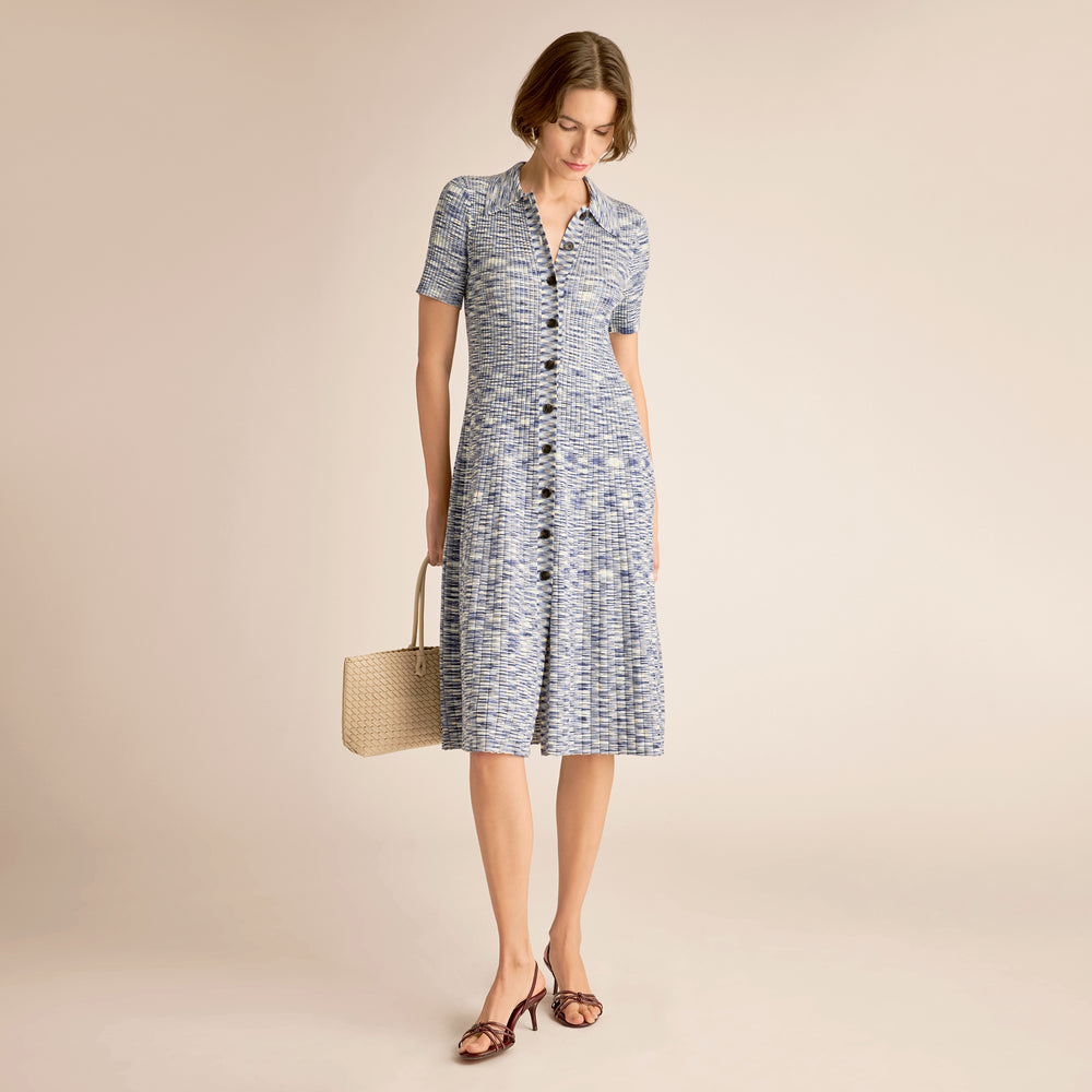 Woman wearing a blue patterned dress holding a straw bag on a beige background