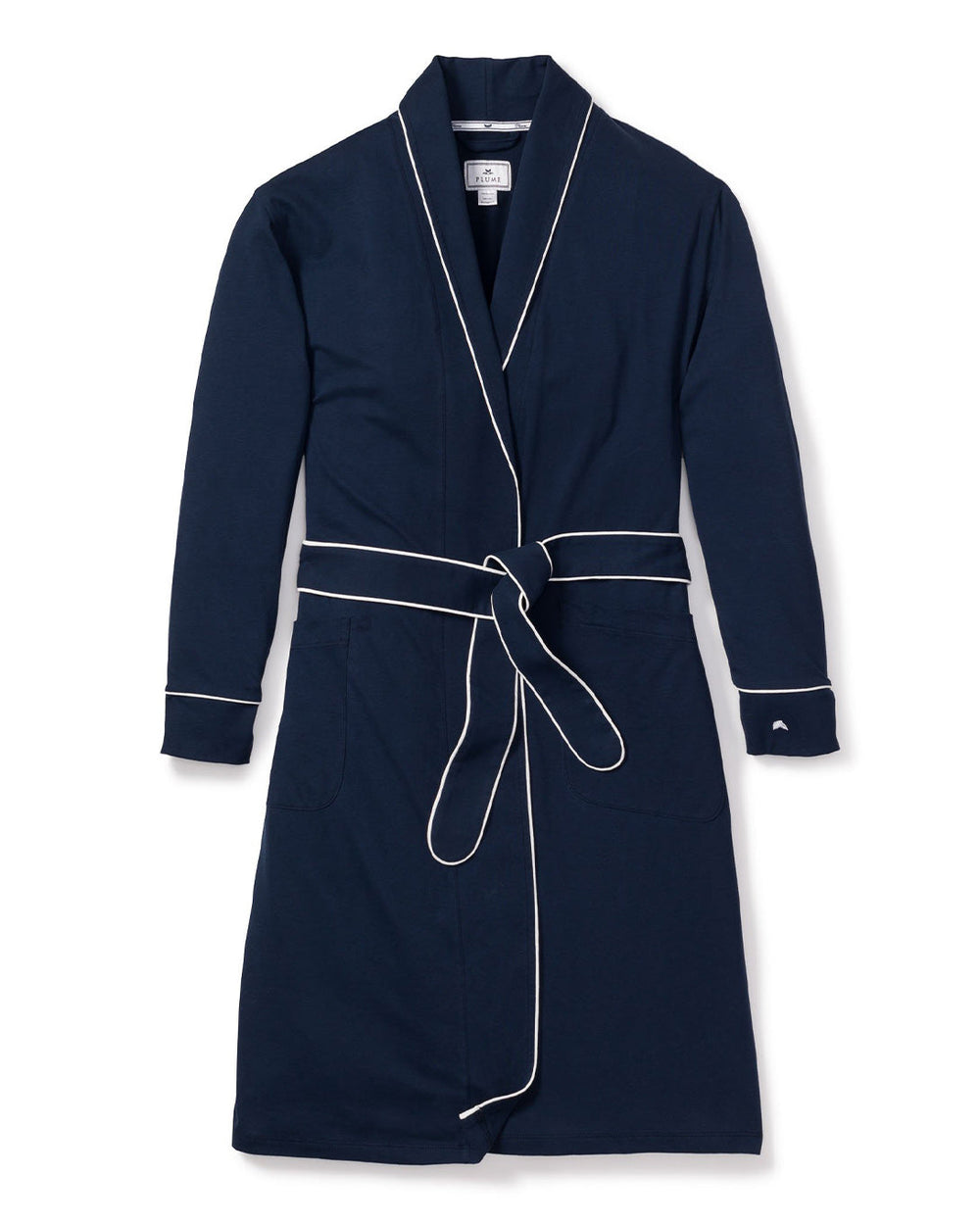 Navy blue robe with white piping on a white background