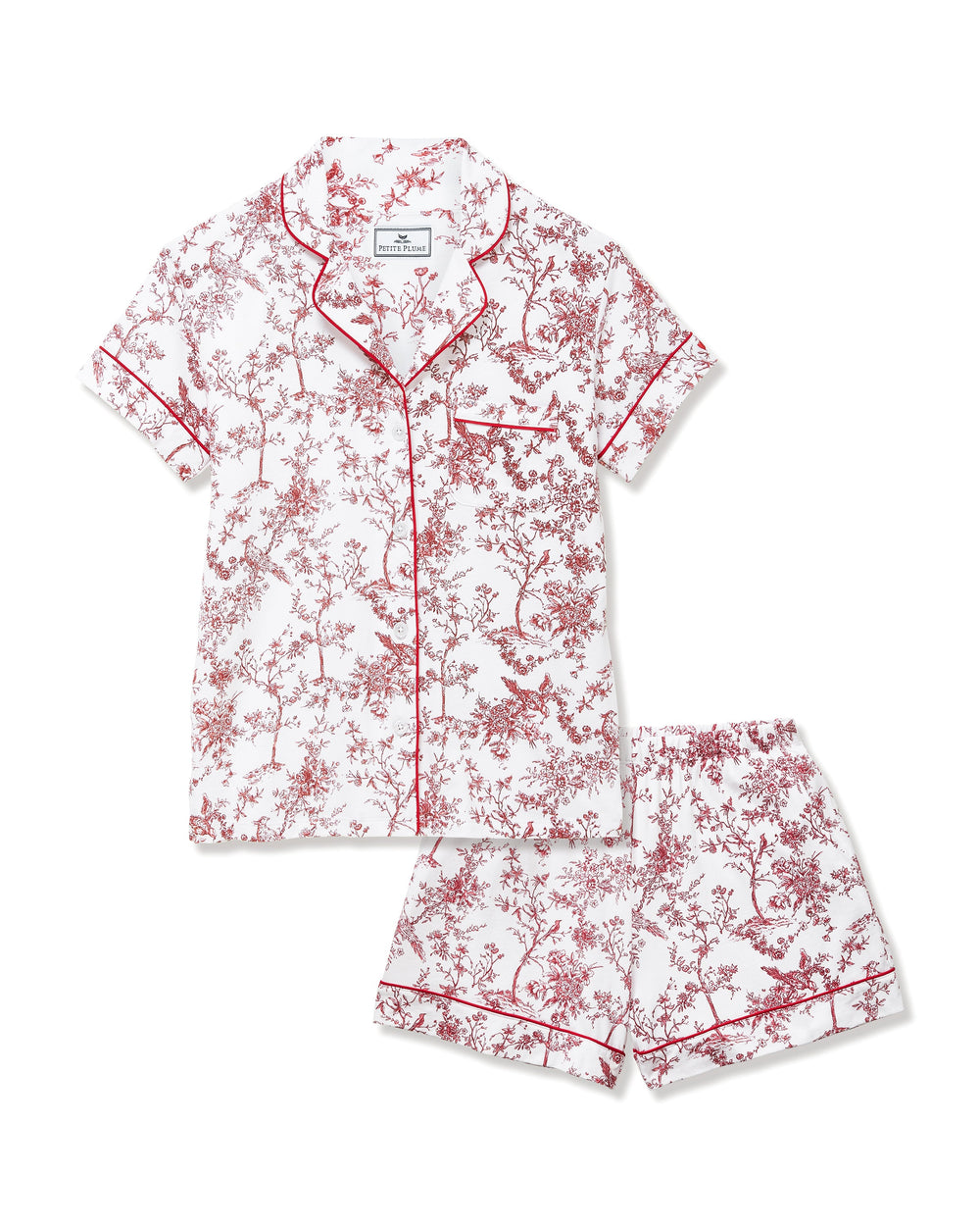 Floral pajama set with red and white pattern on a white background
