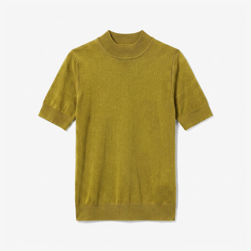 Green olive colored short sleeve sweater with ribbed detailing on the neck, hem, and sleeves