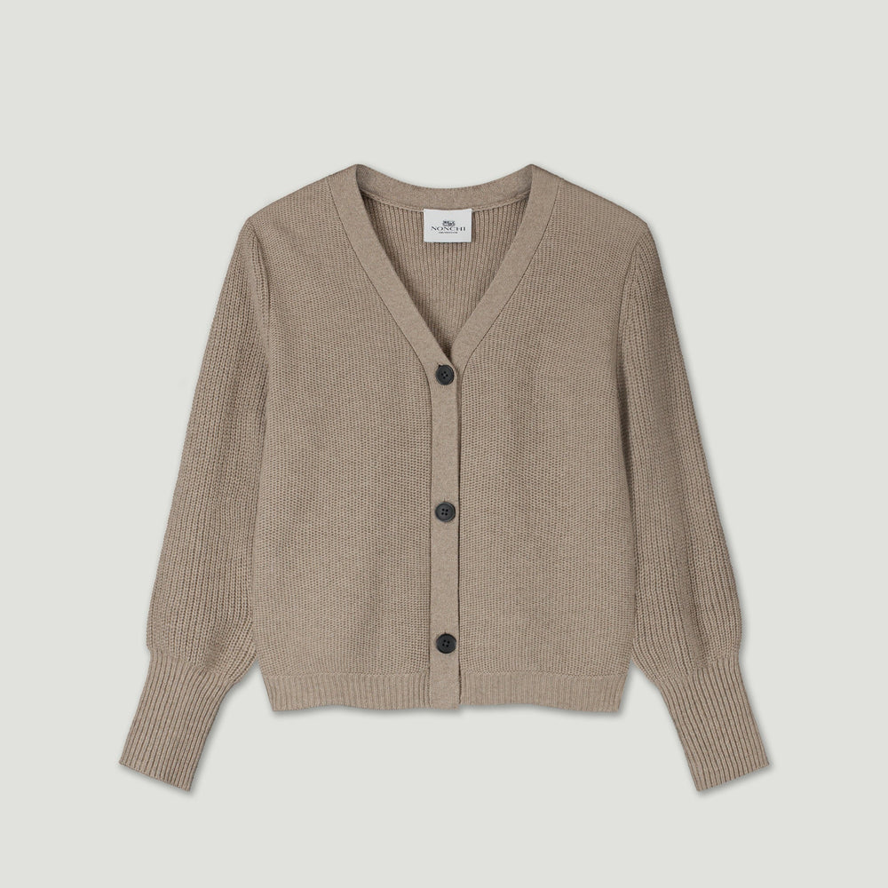 Beige cardigan with buttons on a light gray background