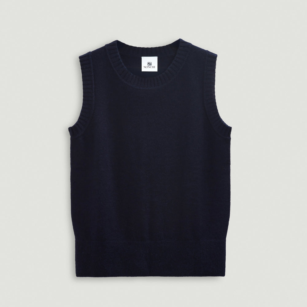 Black sleeveless sweater on a light gray background.