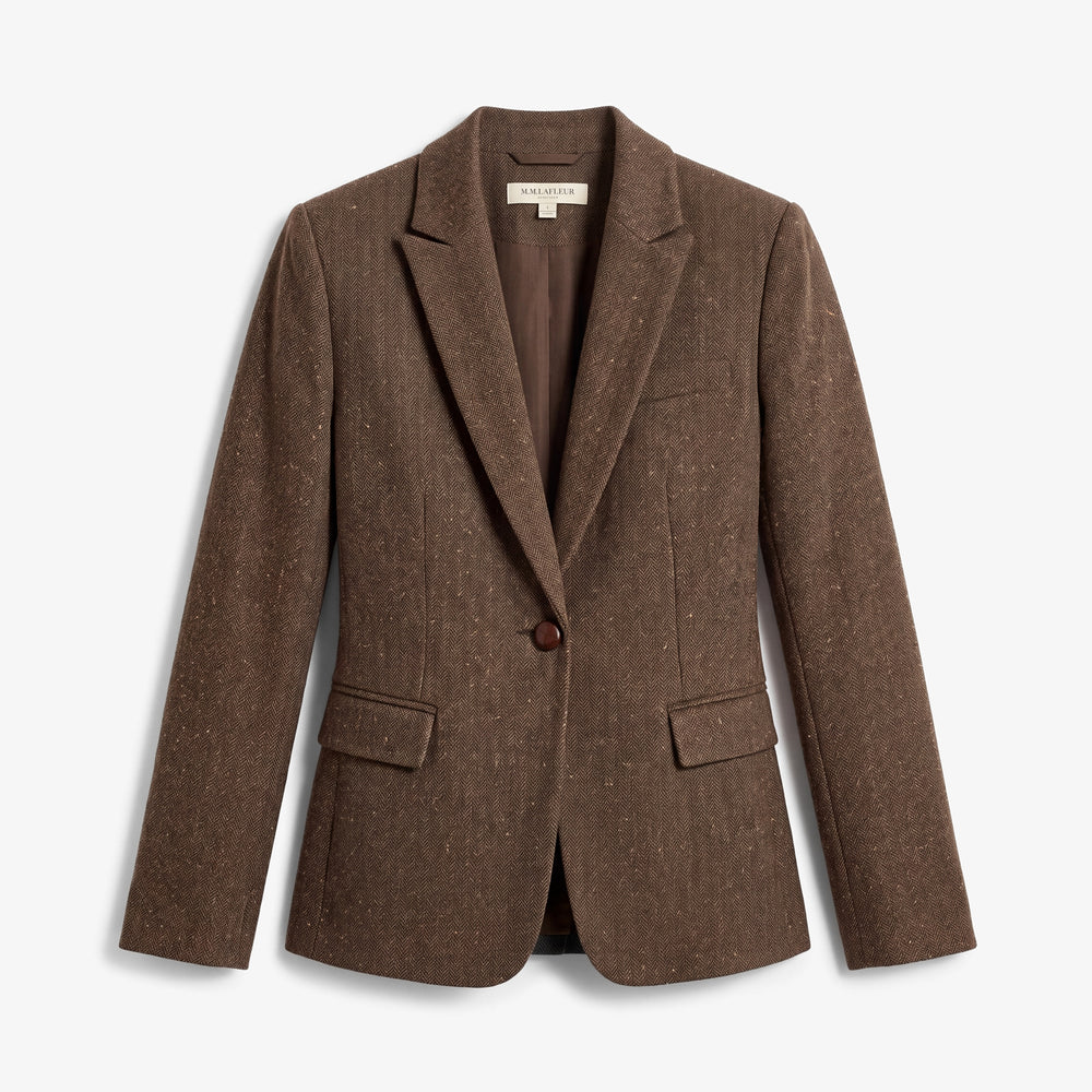 A brown textured wool blazer with a single button closure, displayed flat against a clean white background.