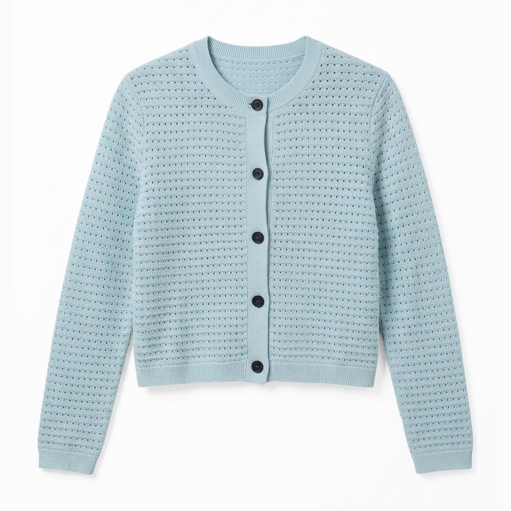 Light blue textured cardigan with black buttons on a white background