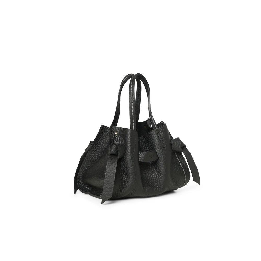 A black textured leather handbag with dual top handles and a long strap detail, photographed against a plain white background.