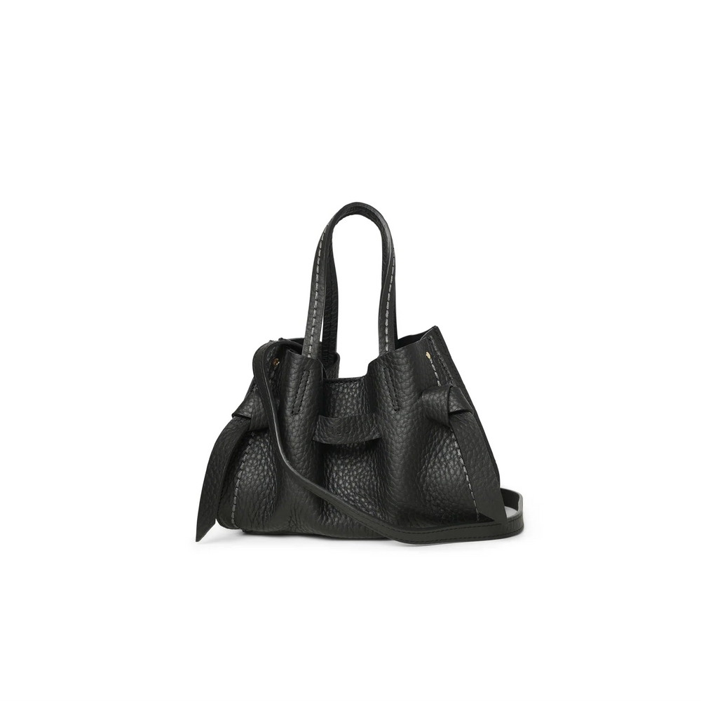 A black textured leather handbag with dual top handles and a detachable shoulder strap, photographed against a plain white background.